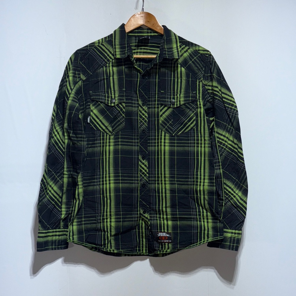 No Fear Y2K Green & Black Plaid Long Sleeve Button Down Shirt Size Medium